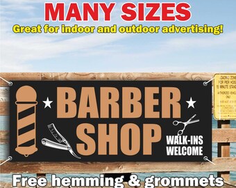 Banner de barbería de vinilo o malla, letrero publicitario para interiores y exteriores, bienvenida, peluquería, afeitado, salón de belleza, envío gratuito, ojales, tamaño personalizado.
