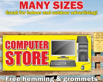 Banner de vinilo o malla para tienda de informática, letrero publicitario para interiores y exteriores, rebajas en tiendas de electrónica, casas de empeño, envío gratuito, ojales, tamaño personalizado.