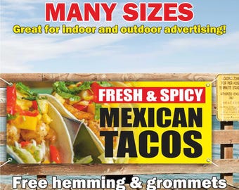 Pancarta de TACOS MEXICANOS de vinilo o malla, letrero publicitario para interiores/exteriores, letrero de buffet de tacos y burritos, envío gratis, ojales, tamaño personalizado.