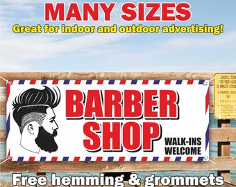 Banner de barbería de vinilo o malla, letrero publicitario para interiores y exteriores, bienvenida, peluquería, afeitado, salón de belleza, envío gratuito, ojales, tamaño personalizado.