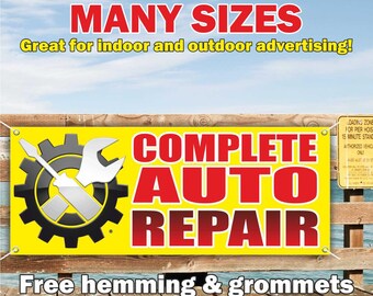 Pancarta COMPLETA DE REPARACIÓN DE AUTOMÓVILES, vinilo o malla, letrero publicitario para interiores/exteriores, servicio automotriz, reparación de automóviles, envío gratuito, ojales, tamaño personalizado.