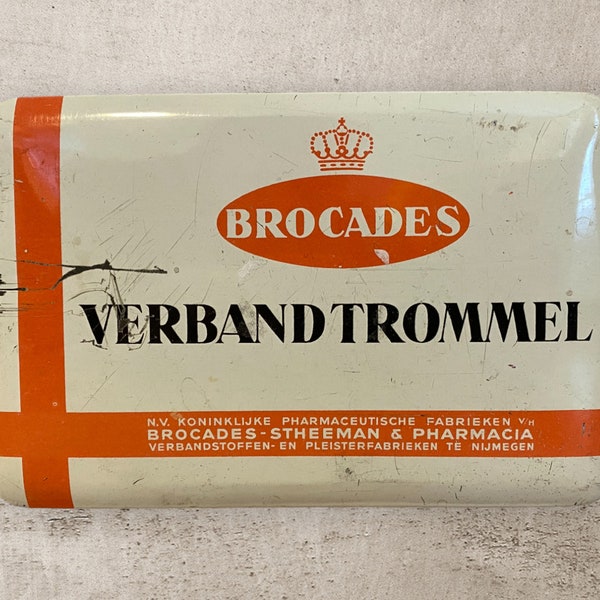 Vintage RARE 60's Medical First Aid Kit Tin Container Box Band Aid Bandage Pharmacy Brocades Stheeman & Pharmacia, Dutch Holland Netherlands