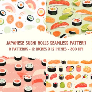 8 Sushi Digital Paper, Sushi Seamless Pattern, Japanese Prints, Japan Food Background, Japanese Digital Paper, Scrapbook, instant download