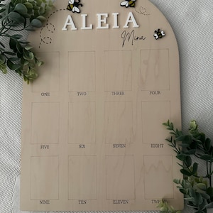 May include: A wooden arch-shaped growth chart with the name "ALEIA Mina" at the top. The chart has 12 spaces for photos, numbered one through twelve. The chart is decorated with small bee figurines.