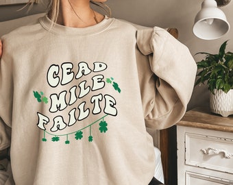 Irish Sweatshirt, St. Patrick's Day Sweater, Retro Green Shamrock Crewneck, St. Paddy's Day Shirt, Groovy Celtic Design, Cead Mile Failte