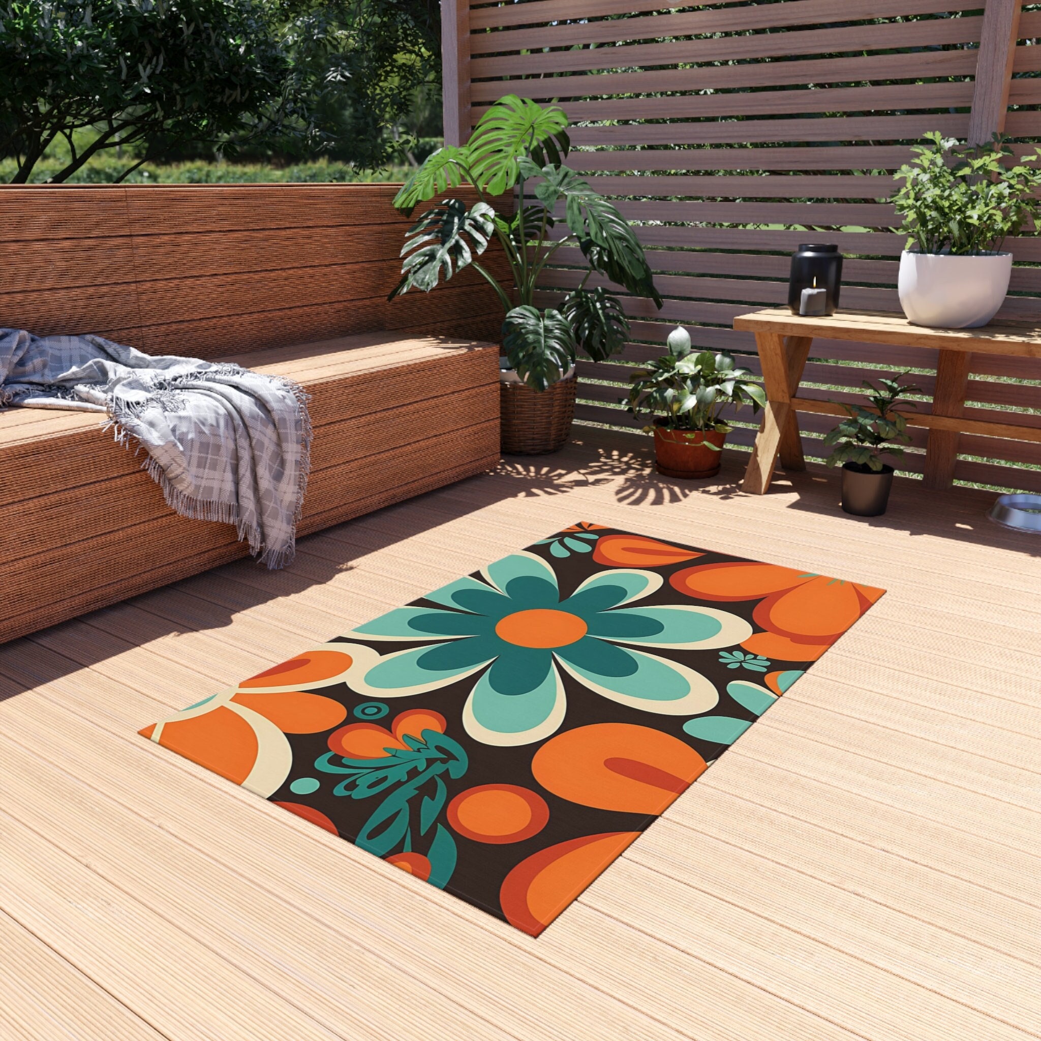 オーダー専用 70s Flower Outdoor Camper Rug, RV Accessories, Retro RV Living