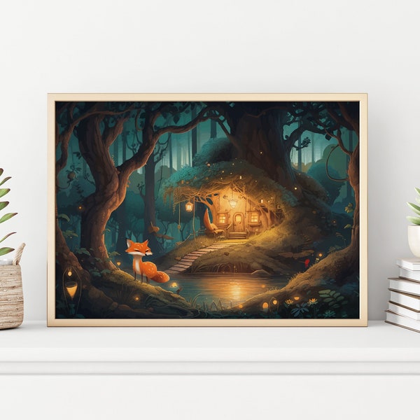 Enchanted Forest Nursery Illustration with Whimsical Treehouse, Fireflies and a Fox for Boys and Girls - the perfect gift