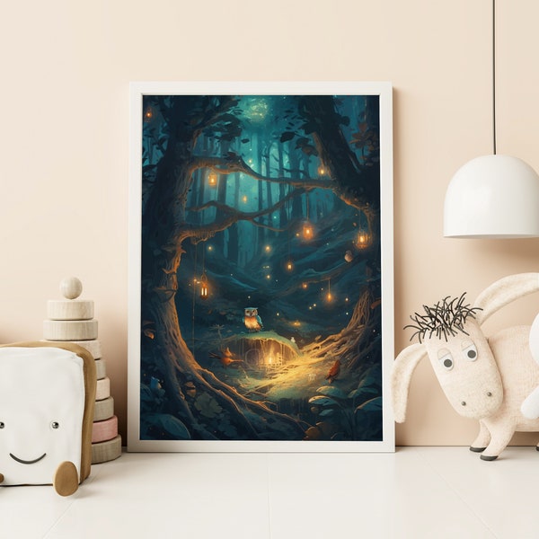Poster - Der verträumte Wald - mit Eule und Glühwürmchen, Illustration für Kinderzimmer für Junge und Mädchen
