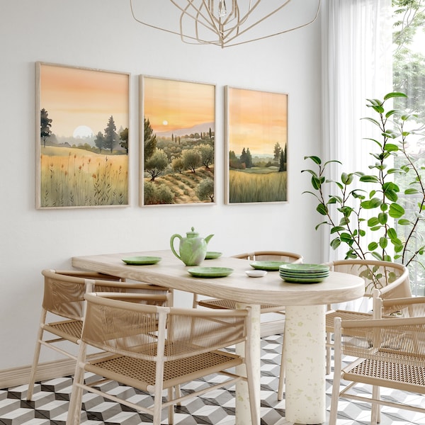 Aquarelles Japandi "Toscane": Ensemble de 3 peintures de paysage à l'aquarelle dans le style Japandi - Toscane pour votre chambre ou restaurant Japandi