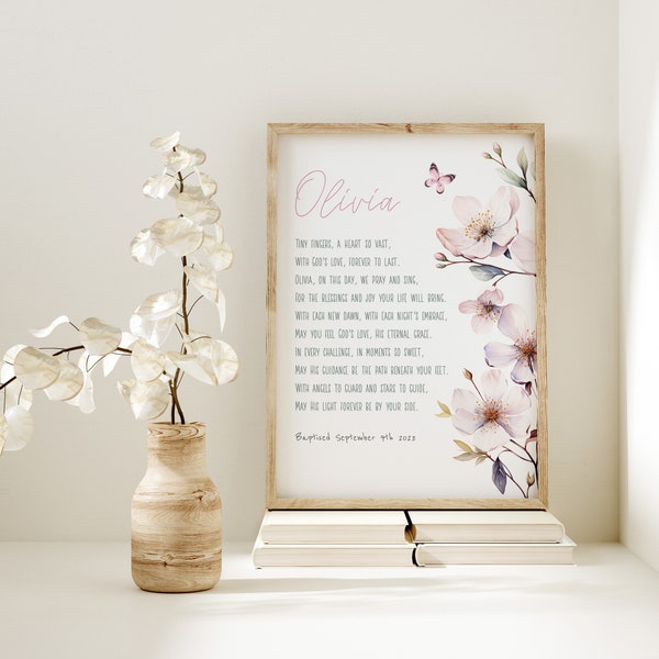 Personalized Baptism Wall Art, Baptism Poem, Pastel Floral Name, Baptismal Verse Gift, Nursery Baptism Picture, Godparent Gift, Boho Baptism