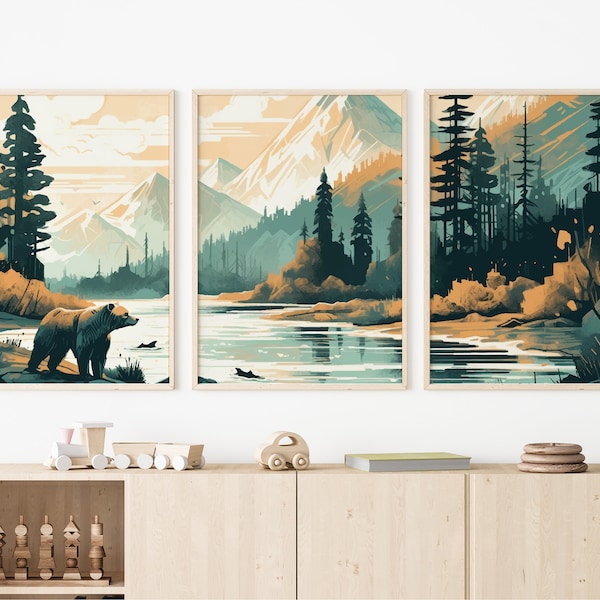 Alaskan Wilderness with Bear, Mountains, and River Nursery Art Print