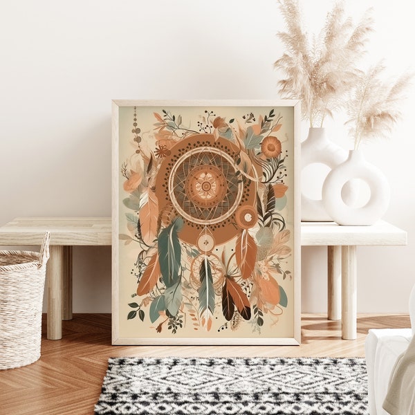 Mystical Boho Dream Catcher Illustration - Beige Brown and Earthy Tones Boho Wall Art with Feathers, Pearls and Flowers in Terracotta Colors