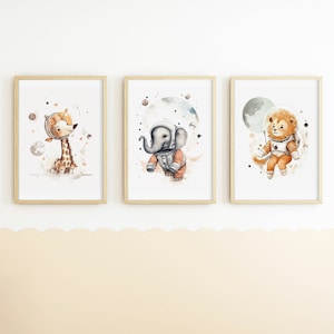 Boho Safari Animals as Astronauts - Wall Art Trio for Kids Room