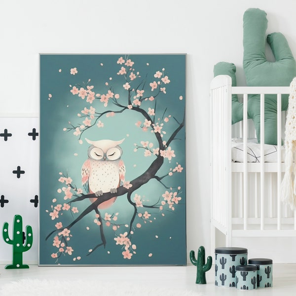 Sleepy Owl Art on Cherry Blossom Tree Illustration, Enjoying Life and Relaxing, Boho Style Nursery Dreams for Boys and Girls, Baby Shower