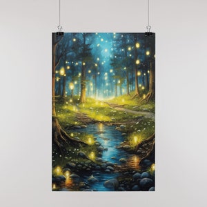 Póster - El Bosque Mágico - con luciérnagas, árboles, ilustración mágica para habitación infantil para niños y niñas