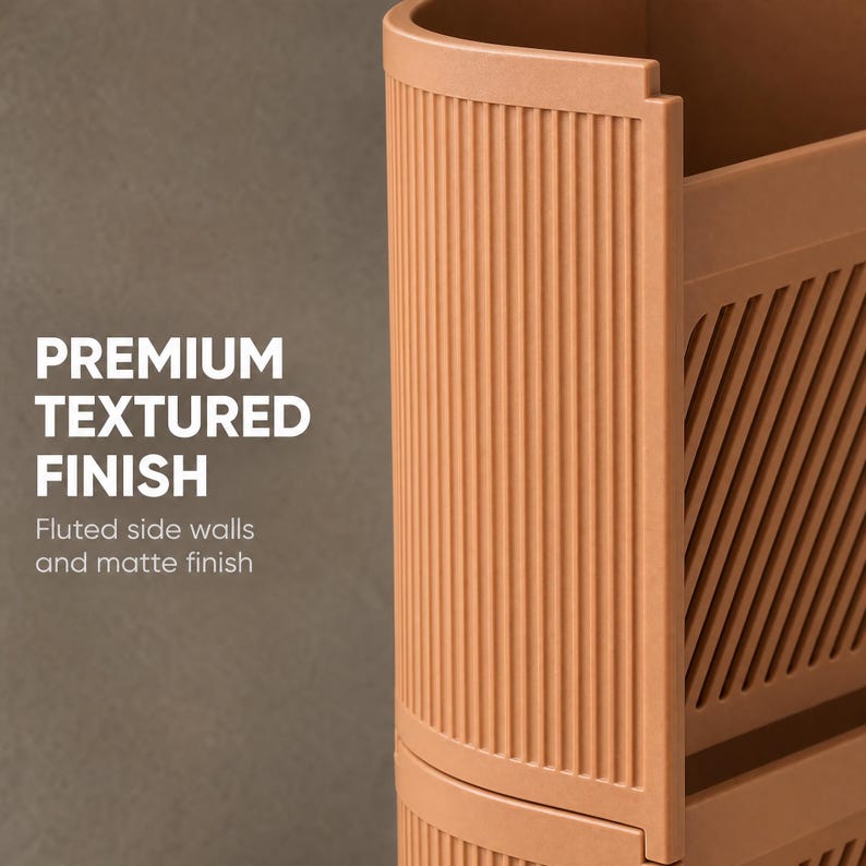 Tilt Stack stackable angled storage bin in warm terracotta with ribbed, fluted sides for a compact shelf bin.
