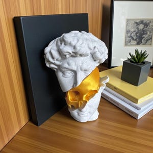May include: A gray bust of a classical figure with a gold skull overlay. The sculpture is mounted on a black rectangular base. The bust is on a wooden surface with books and a small plant in the background.