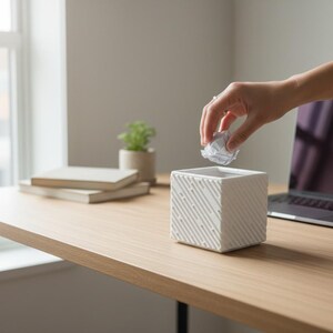 May include: A white, square ceramic wastebasket with a diagonal striped pattern sits on a light wood desk. A crumpled piece of paper is being dropped into the wastebasket. A laptop, books, and a small plant are also on the desk.