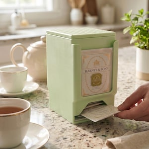 May include: A light green tea bag dispenser with a textured lid, holding a stack of Harney & Sons tea bags. The vertical rectangular container features an open front slot for easy access to individual tea bags, with one bag partially pulled out.