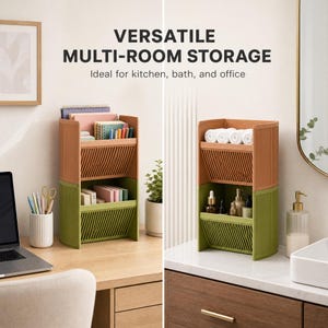 Two Tilt Stackable organizers in warm wood tones with angled, slatted-front shelves; compact shelf bins.