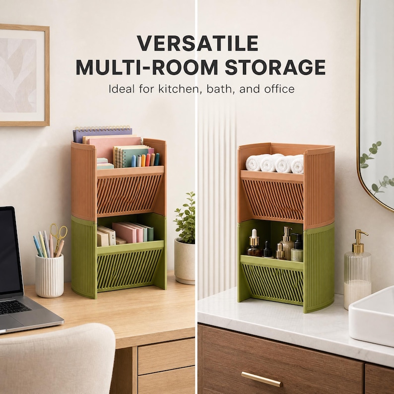 Two Tilt Stackable organizers in warm wood tones with angled, slatted-front shelves; compact shelf bins.