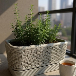Puede incluir: Una jardinera rectangular gris claro con un patrón geométrico, llena de plantas verdes. Una taza a juego con té se encuentra junto a la jardinera. La escena está ambientada en un balcón con un horizonte urbano al fondo.