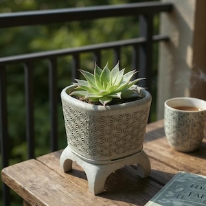 May include: A small, light gray, patterned planter with a succulent plant, resting on a wooden table. The planter has a geometric design and is supported by three small legs. A cup of tea and a book are also on the table.