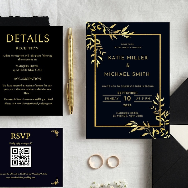 Black & Gold Modern Wedding Invitation Set | QR Code RSVP | Editable Template