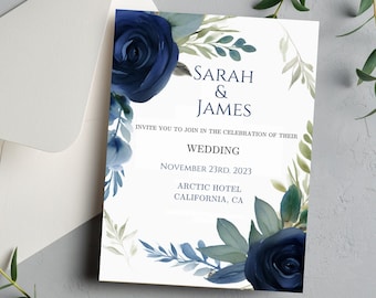 Navy Blue Modern Wedding Invitation | Editable & Printable Template