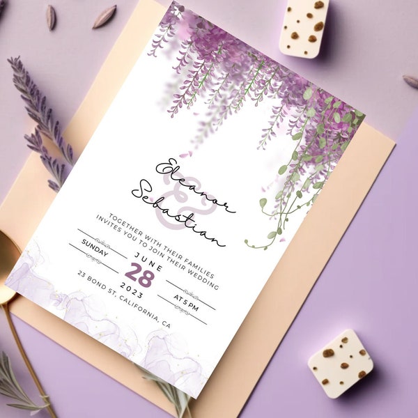 Lavender Wedding Invitation | Minimalist and Modern template | Purple theme | Editable and Printable Template