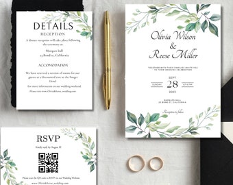 Minimalist Greenery Wedding Invitation Set | Qr Code Rsvp | Editable & Printable Template