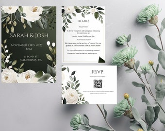 Greenery Wedding Invitation Set, Details Card, QR Code RSVP, Editable & Printable Wedding Invitation Template