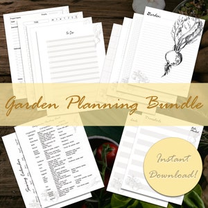 May include: A printable garden planning bundle with a light gray background. The bundle includes a sowing calendar, companion planting chart, and garden planning pages. The text "Garden Planning Bundle" is in a brown font on a yellow background. The text "Instant Download!" is in a white font on a yellow circle.