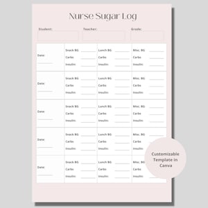 May include: A printable nurse sugar log template with sections for date, snack blood glucose, lunch blood glucose, miscellaneous blood glucose, carbs, and insulin. The template is customizable in Canva.