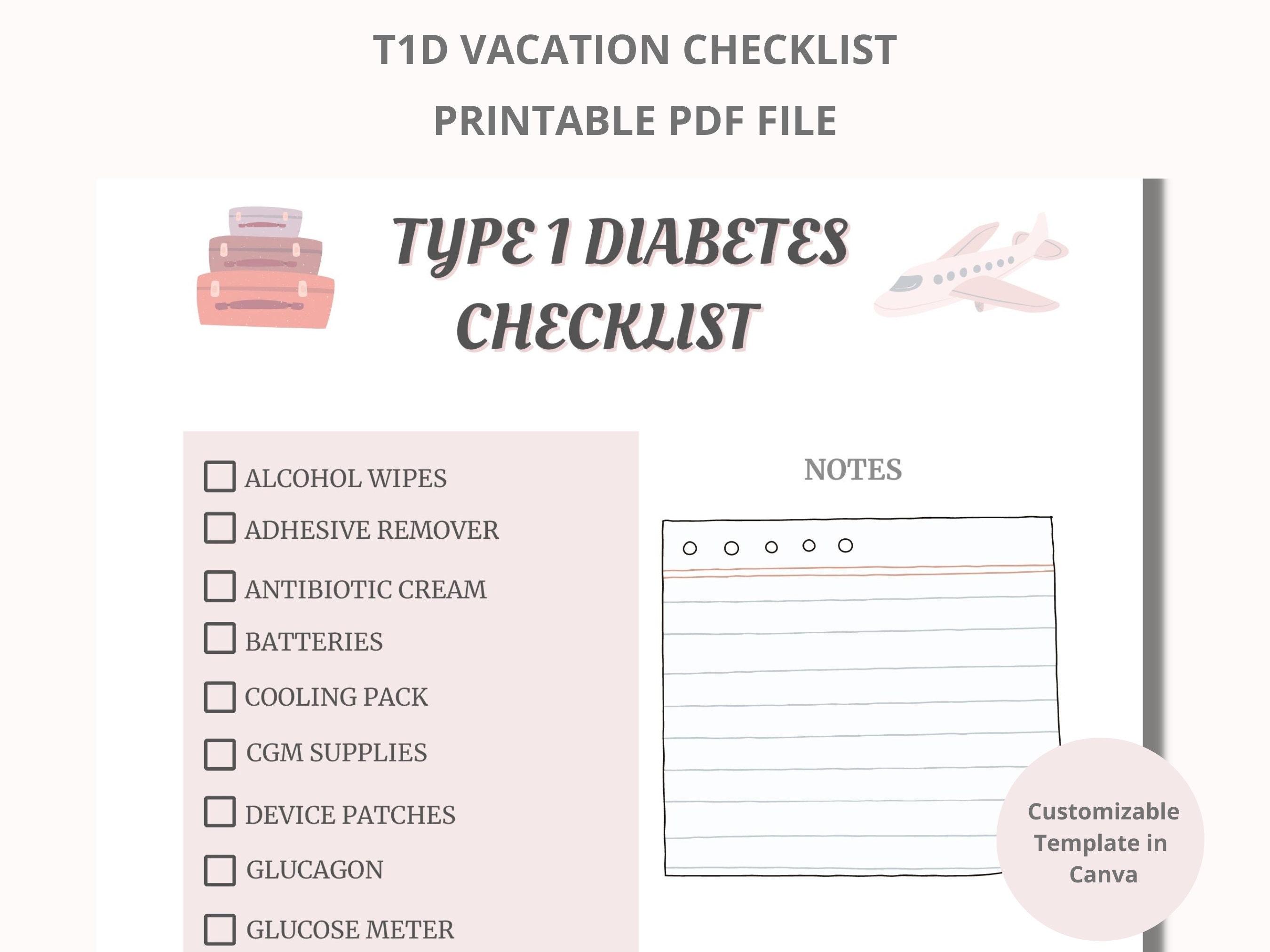 Type 1 Diabetes Travel Checklist, Printable T1D Packing List, T1D