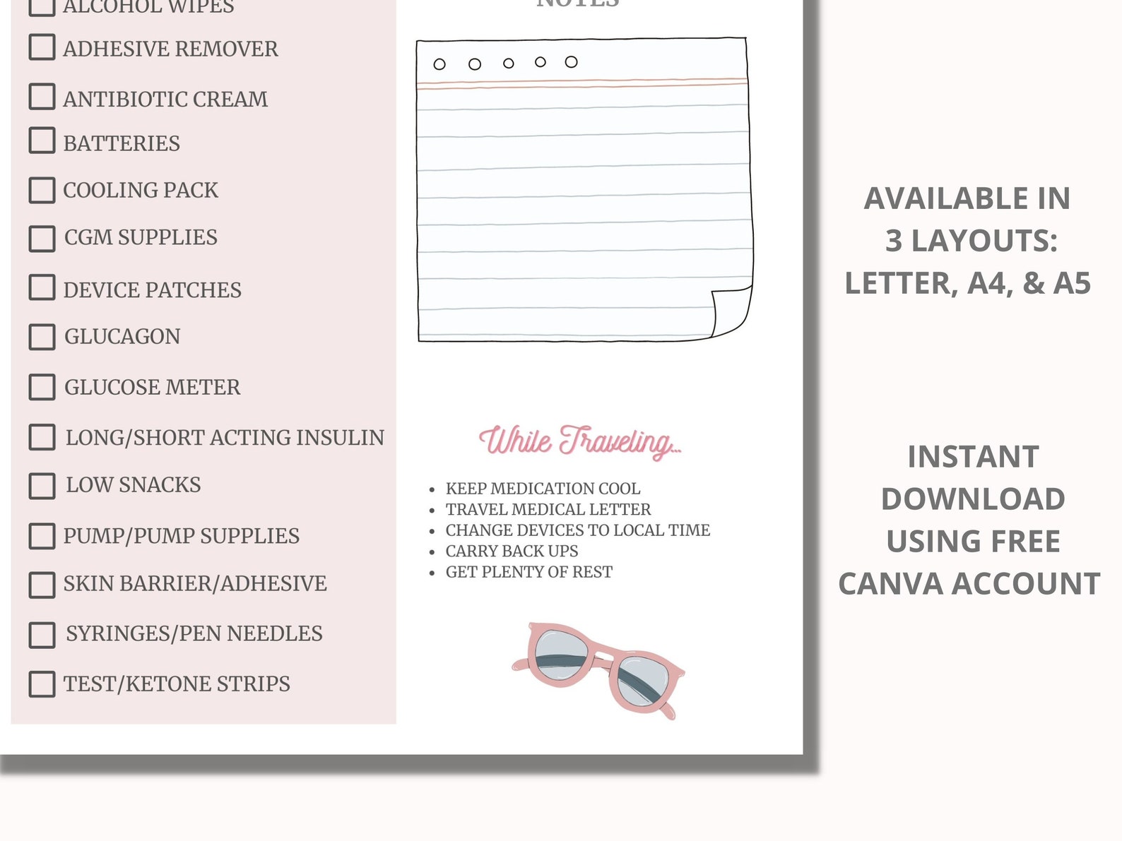 Type 1 Diabetes Travel Checklist, Printable T1D Packing List, T1D