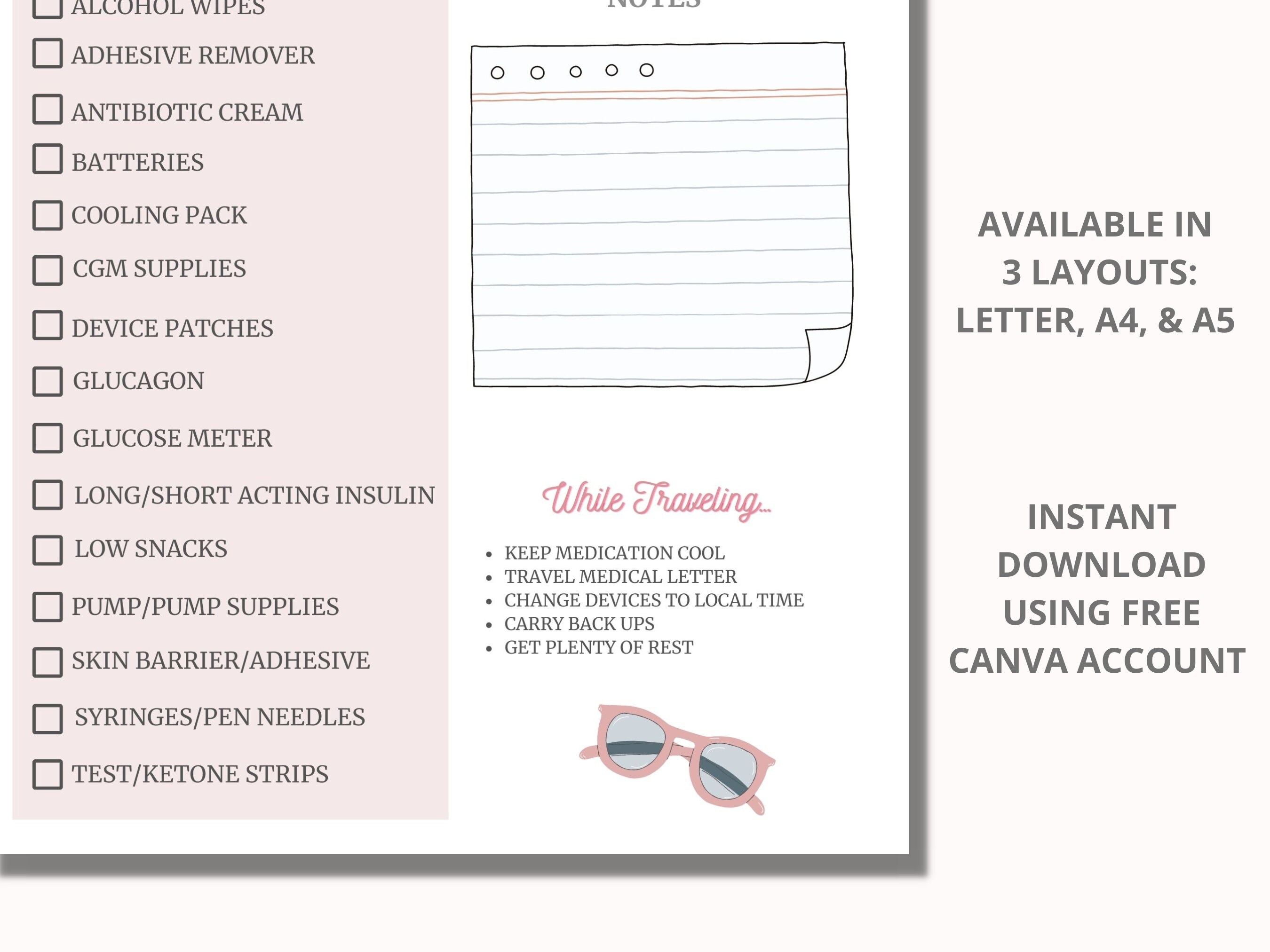 Type 1 Diabetes Travel Checklist, Printable T1D Packing List, T1D