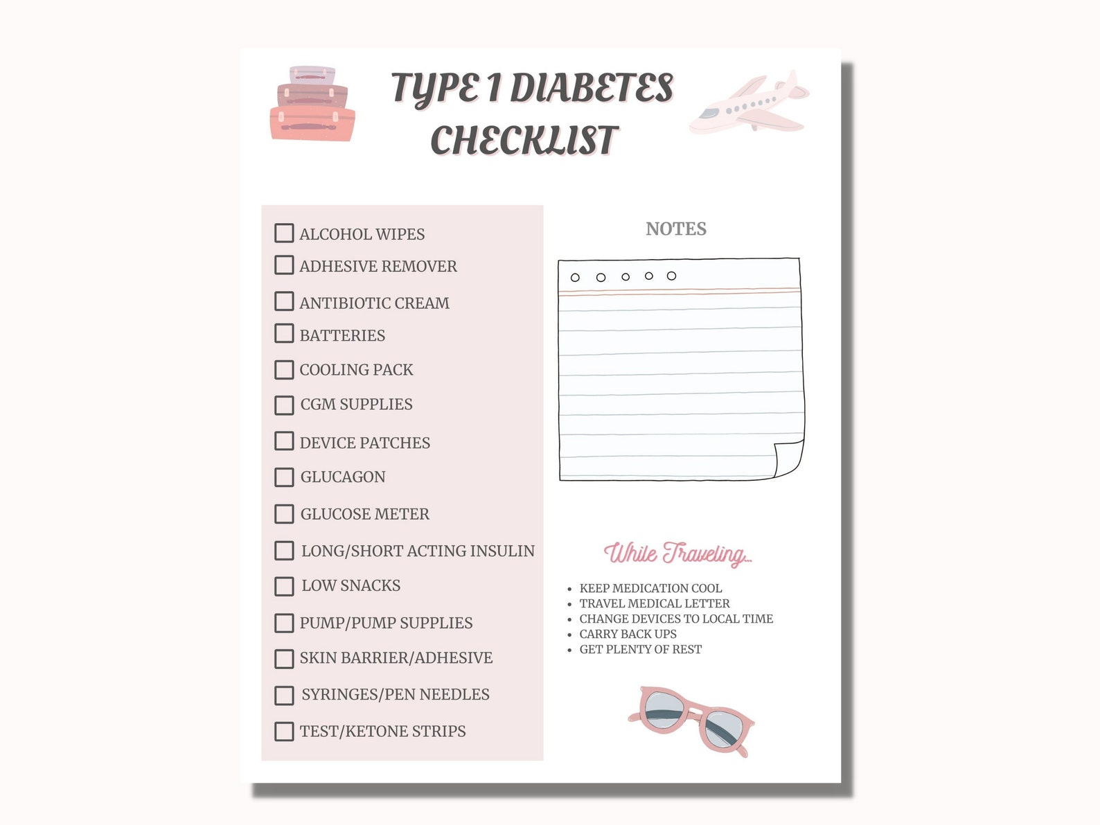 Type 1 Diabetes Travel Checklist, Printable T1D Packing List, T1D