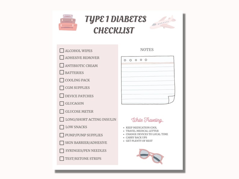 Type 1 Diabetes Travel Checklist, Printable T1D Packing List, T1D