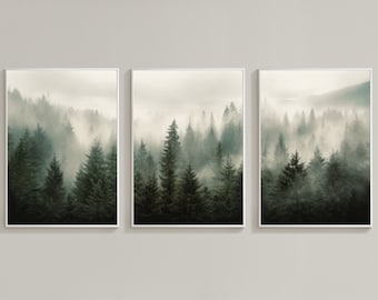 3er Set Nebliger Wald Kunstdrucke zum Herunterladen / Minimalistische Landschaft / Natur druckbare Wand-Dekor / Nordischer Wald / Digitaldruck