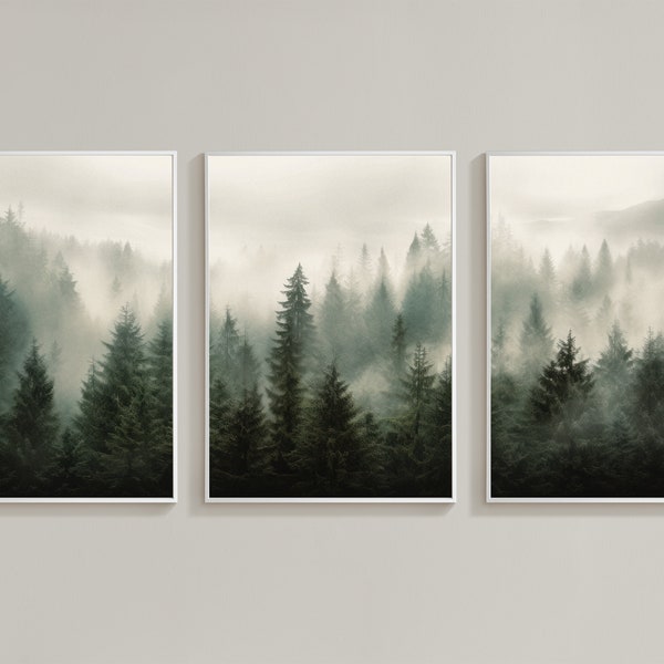 Set of 3 Foggy Forest Downloadable Wall Art Prints / Minimalist Landscape / Nature Printable Wall Decor / Nordic Forest / Digital Print