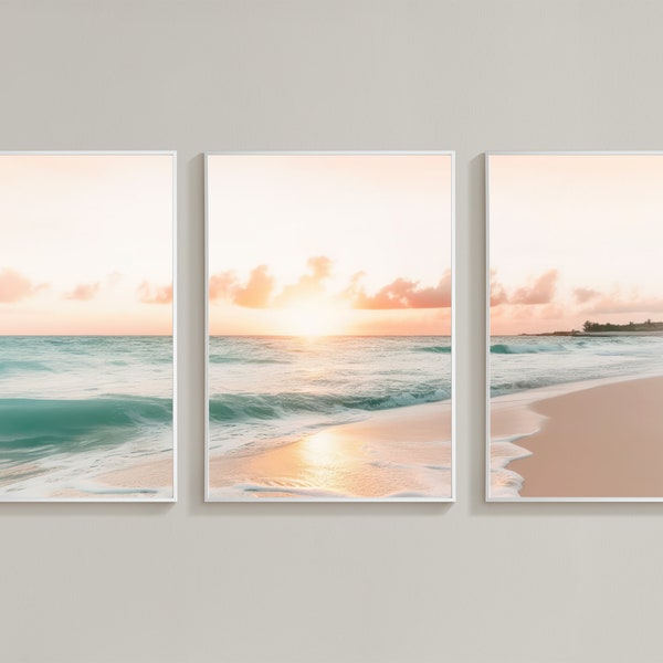 3 点セット: バニラ サンセット デジタル ダウンロード / ニュートラル アート プリント / ビーチ ウォール デコ / 海岸プリント / 海のデジタル プリント / ボヘミアン ホーム デコレーション