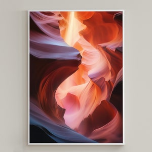May include: Abstract photograph of a canyon with swirling, layered rock formations in shades of orange, red, pink, and blue.