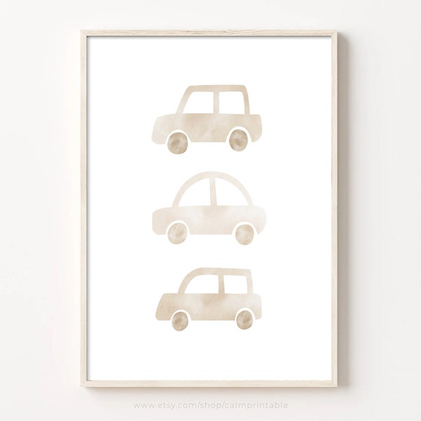 Impresión de coches, arte de pared de guardería imprimible, decoración de sala de juegos para niños, cartel de vehículo de transporte, decoración de habitación de niño pequeño, acuarela boho neutra