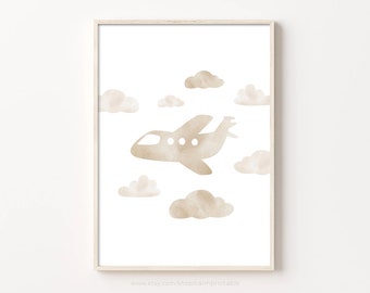 Flugzeug & Wolken Druck, druckbare Kinderzimmer Wandkunst, Kinderspielzimmer Dekoration, Neutrales Jungen Zimmer Dekor, Transport Fahrzeug Flugzeug Himmel Poster