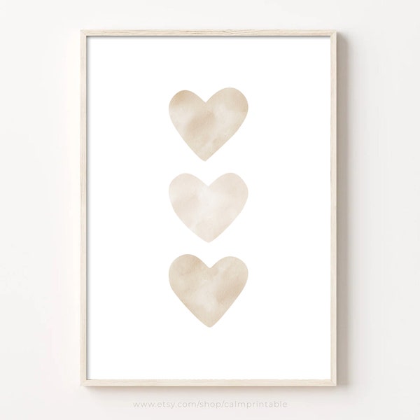 Impresión de corazones, arte de pared de vivero imprimible, decoración de la habitación de los niños, decoración de la sala de juegos Boho acuarela, cartel minimalista beige neutro, minimalista