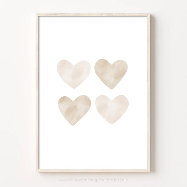 Hearts Print, Printable Nursery Wall Art, Kids Room Decor, Playroom Decoration Boho Watercolor, Neutral Beige Minimalist Poster, Minimalist