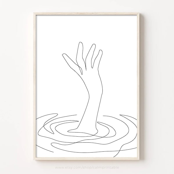 Drowning Hand Line Drawing, Printable Line Art, Printable Wall Art, Minimalist Wall Decor, Digital Prints, Mental Health Depression Drawing