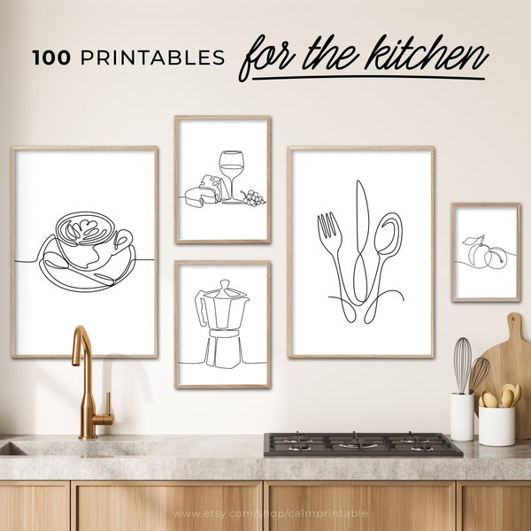 Arte de pared de cocina imprimible, impresiones de cocina de dibujo lineal, regalo de inauguración de la casa, impresión de bebidas de alimentos, decoración de la pared del comedor, arte de línea minimalista