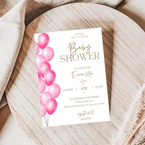Pink and Gold Watercolor Balloons Baby Shower Invitation, Baby Shower EDITABLE Invitation,  Digital Instant Download